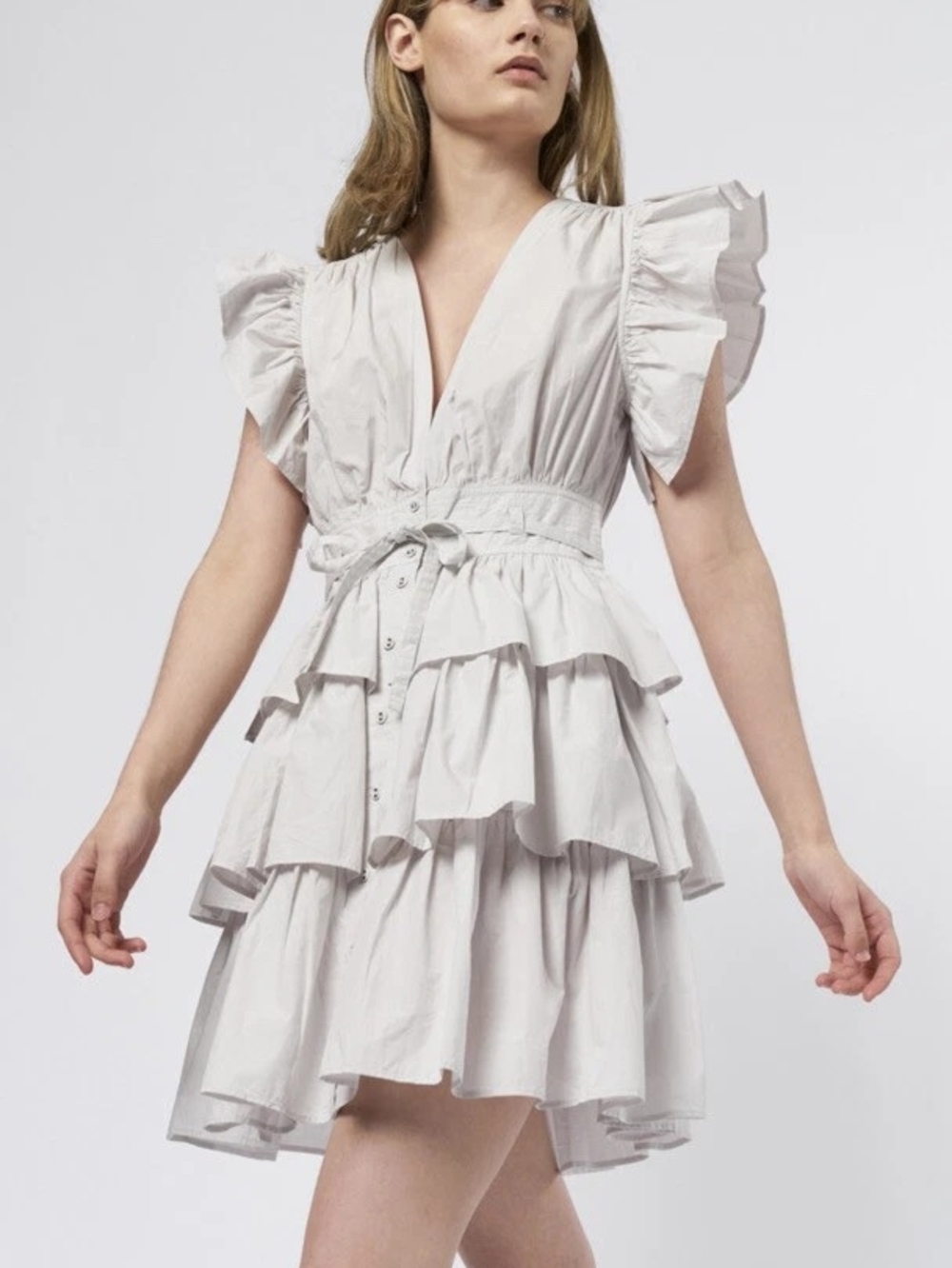 Ulla Johnson Light Gray Tiered Ruffle V-Neck Mini Dress
